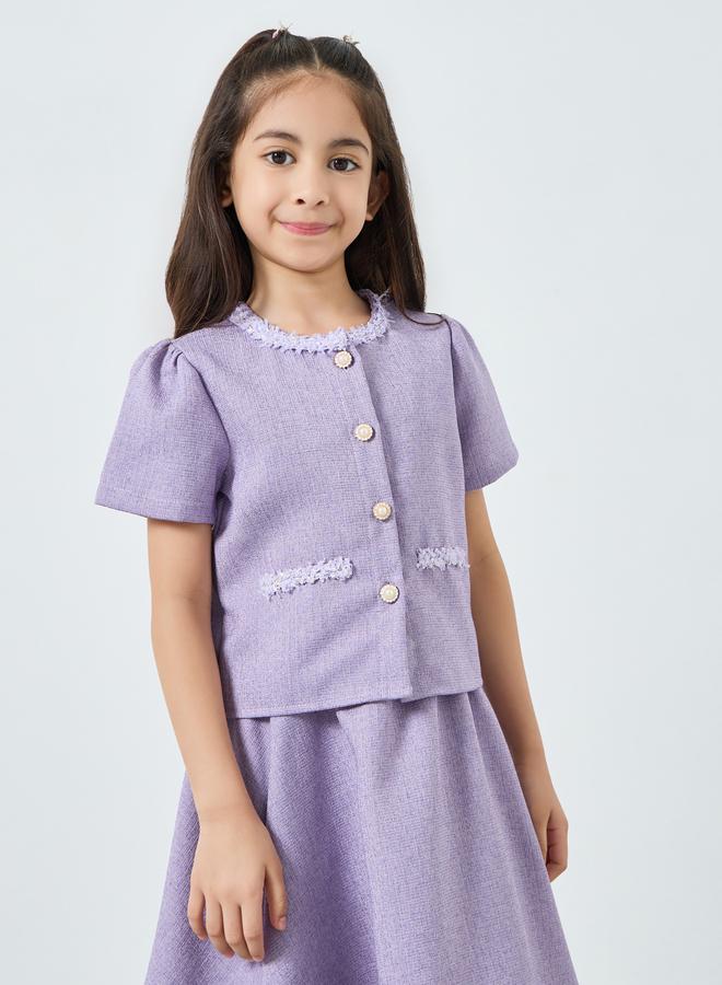 Styli Girls Lilac Tweed Top with Skirt Set - Image 1